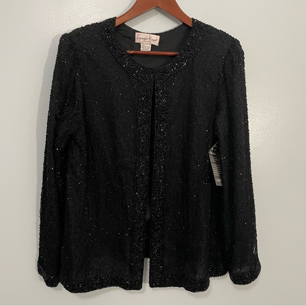 Laurence Kazar Elegant Black Silk Beaded Top Size L NWT